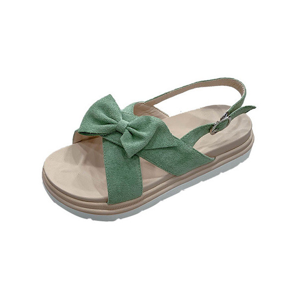 Ежедневни дамски сандали от еко велур с панделка и равна подметка