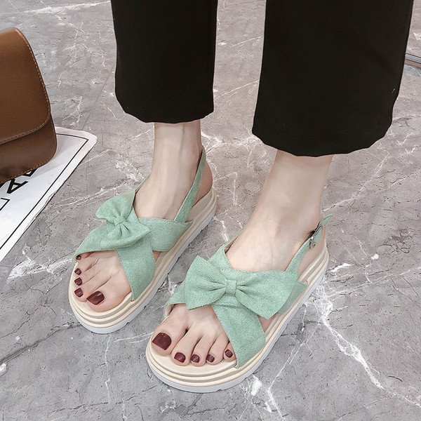 Ежедневни дамски сандали от еко велур с панделка и равна подметка