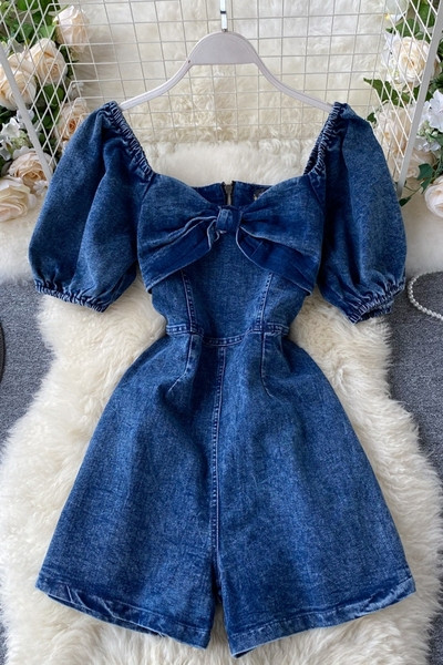 Γυναικείο τζιν φόρεμα με κορδέλα και κοντά μανίκια