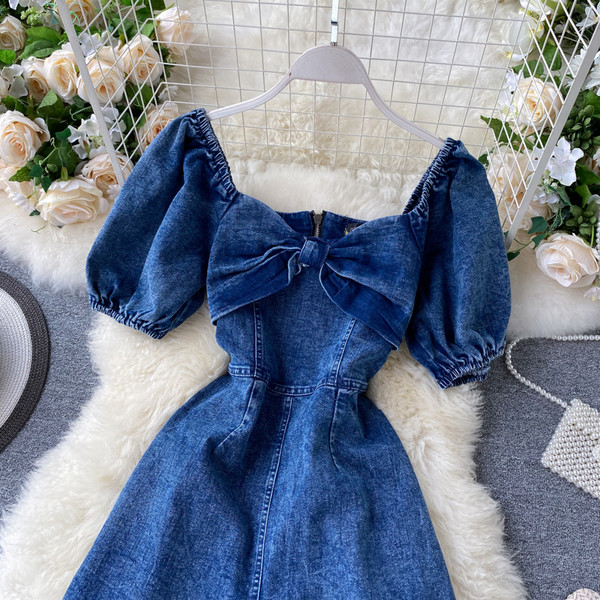 Γυναικείο τζιν φόρεμα με κορδέλα και κοντά μανίκια