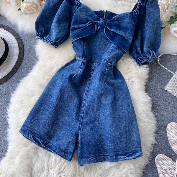 Γυναικείο τζιν φόρεμα με κορδέλα και κοντά μανίκια