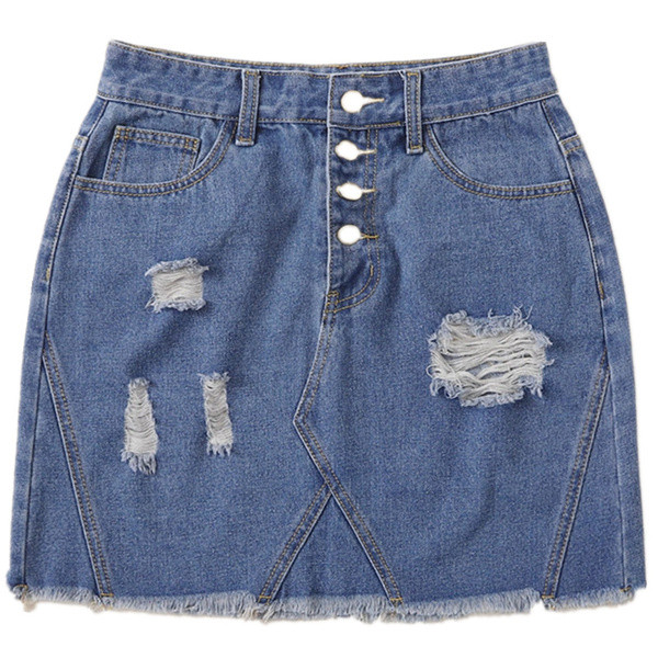 Modern női rövid farmerszoknya, magas derékkal, szakadt motívumokkal