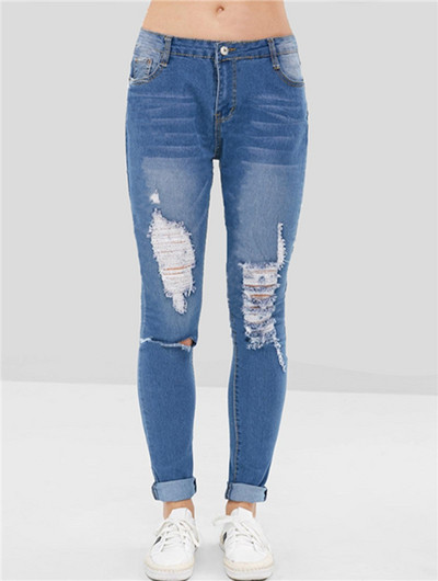 Blugi lungi dama casual cu motive rupte si talie inalta