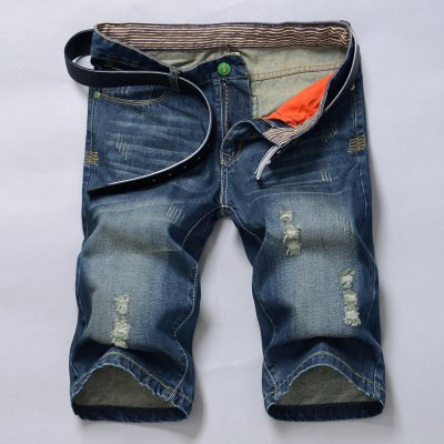 Μοντέρνα ανδρικά τζιν 3/4 με σχισμένο μοτίβο και ζώνη σε μπλε χρώμα