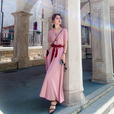 Rochie lungă de damă casual, cu decolteu ascuțit și legături în talie