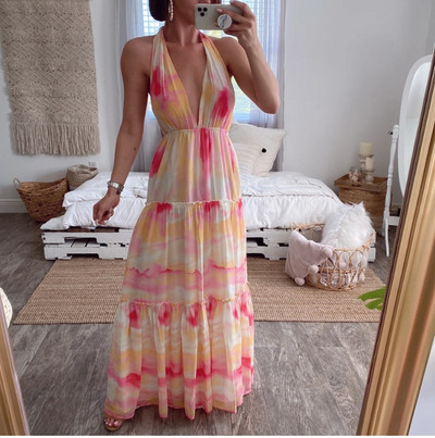 Randa sobilik vabaaja naiste pikk sügava kaelusega kleit