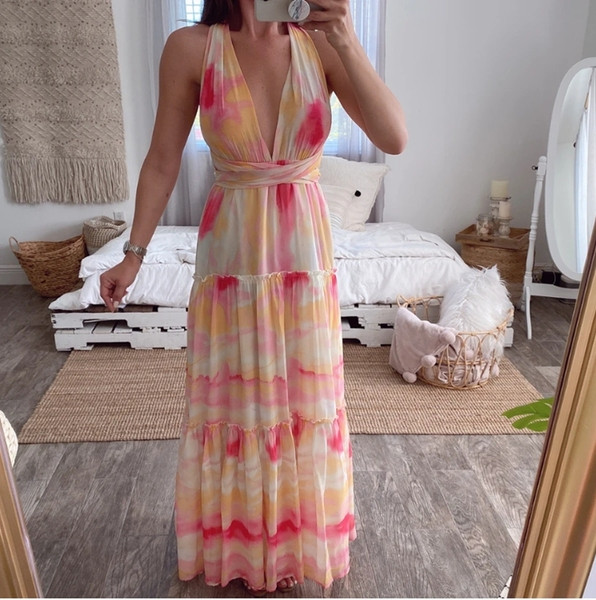 Randa sobilik vabaaja naiste pikk sügava kaelusega kleit