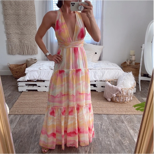 Randa sobilik vabaaja naiste pikk sügava kaelusega kleit