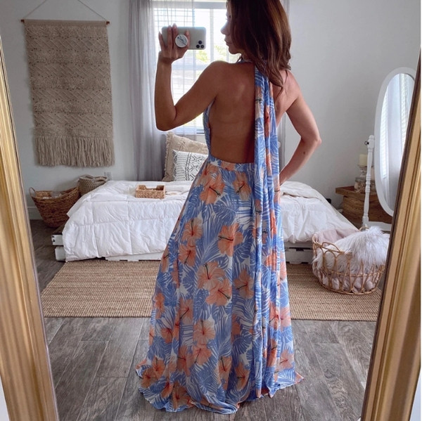 ΝΕΟ μοντέλο γυναικείο μακρύ φόρεμα με μακρύ ντεκολτέ και λουλουδάτο μοτίβο