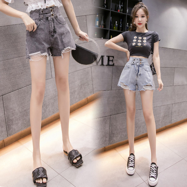 Γυναικεία σορτς τζιν με ψηλή μέση  τσέπες και σκισμένα μοτίβα