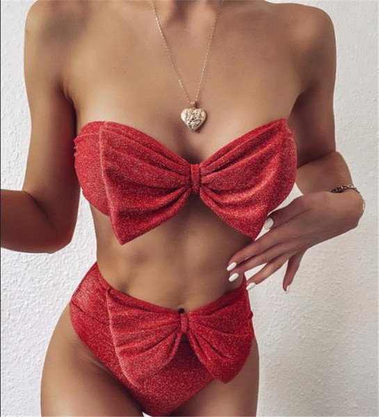 Модерен дамски бански костюм с лъскави частици и панделка