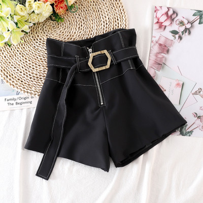 Pantaloni scurți casual de damă cu talie înaltă, fermoar și curea