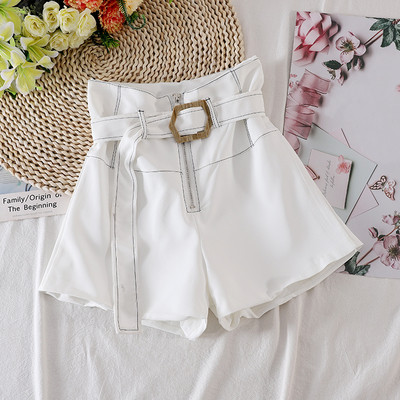 Pantaloni scurți casual de damă cu talie înaltă, fermoar și curea