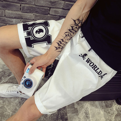 Pantaloni scurți 3/4 bărbați cu inscripție, cravate și talie elastică