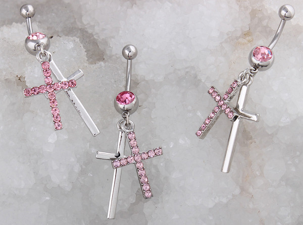 Γυναικείο σκουλαρίκι για το ομφαλό με πέτρες σε ασήμι και ροζ χρώμα