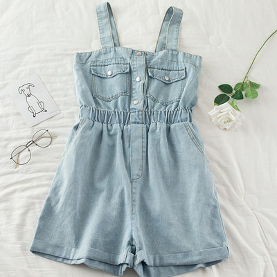Salopeta de dama din denim cu talie elastica si bretele