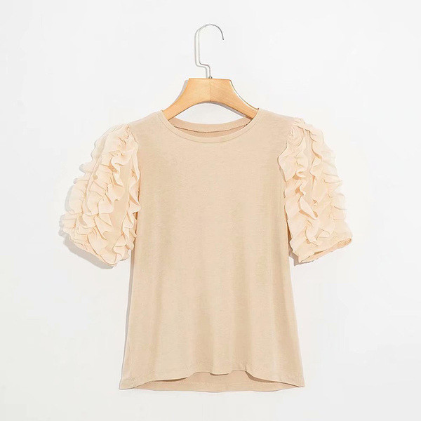 Naiste moodne lühikeste varrukate ja tülliga pluus