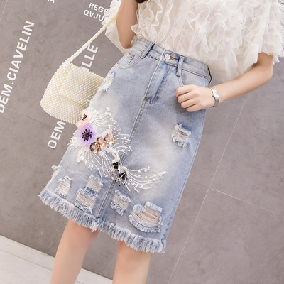 Fusta denim model nou cu talie inalta si franjuri