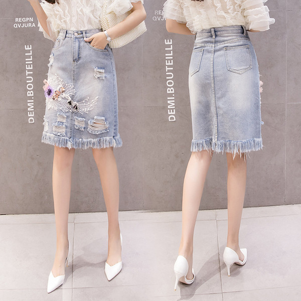 Νέο μοντέλο γυναικεία φούστα τζιν με ψηλή μέση και κρόσσια