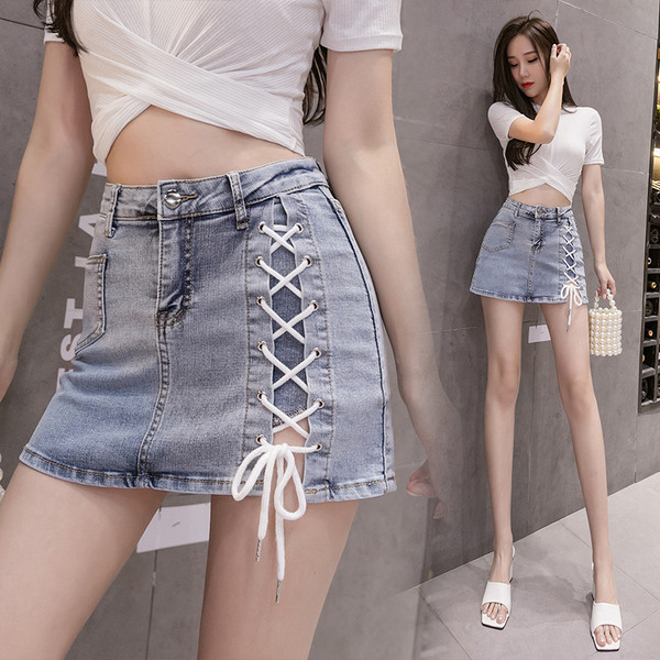 Casual κοντή γυναικεία φούστα με κορδόνια σε μπλε χρώμα