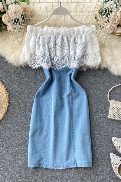 Modern női ruha farmerből és csipkéből