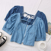 Bluza de dama scurta din denim model nou cu fermoar