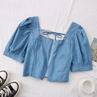 Bluza de dama scurta din denim model nou cu fermoar