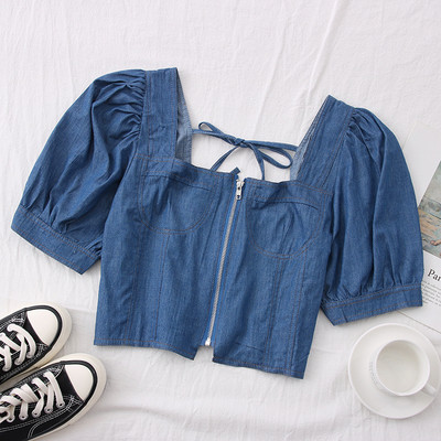 Bluza de dama scurta din denim model nou cu fermoar