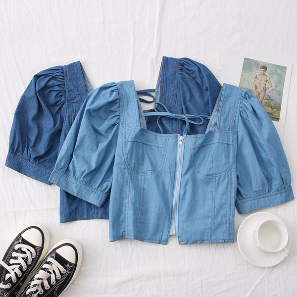 Új modell rövid farmer női blúz cipzárral