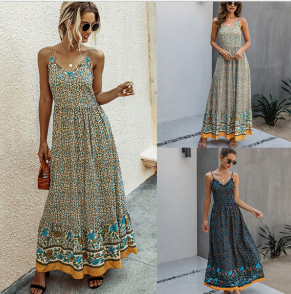 Modern hosszú női ruha vékony pántokkal, virágmintával