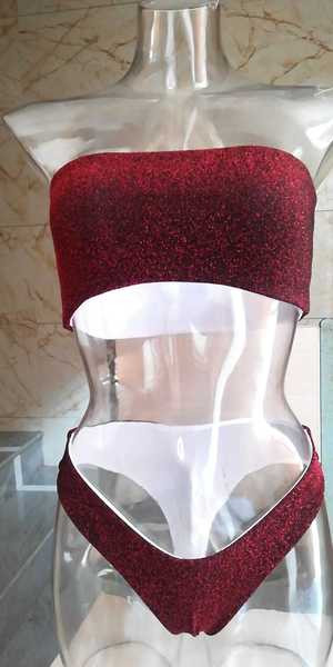 Fényes hatású női fürdőruha szalagos felsővel