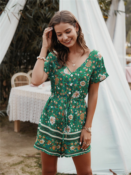 Női overall spitz nyakkivágással és virágmintával