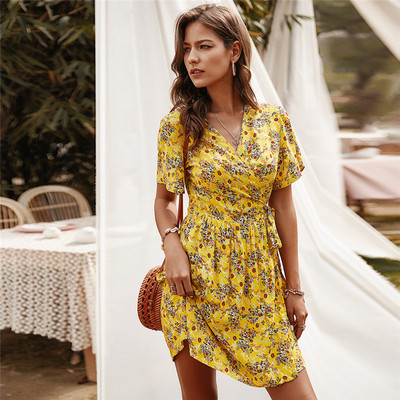 Rochie scurta de dama model nou cu cravate in talie si decolteu spitz