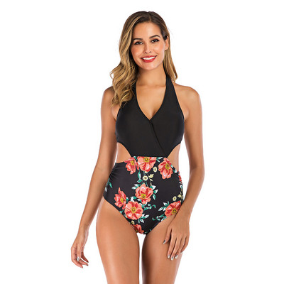 Costum de baie complet pentru damă, cu decolteu adânc și model floral