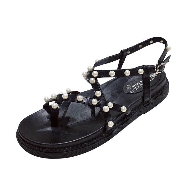 Alkalmi, alacsony bőr szandál gyöngyökkel