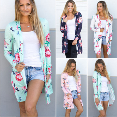 Casual women`s long cardigan with floral pattern