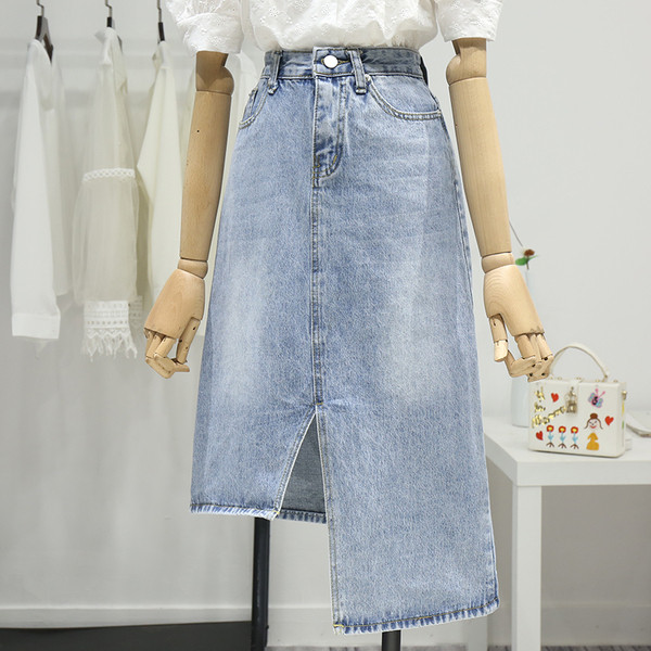 Aszimmetrikus farmer női szoknya magas derékkal