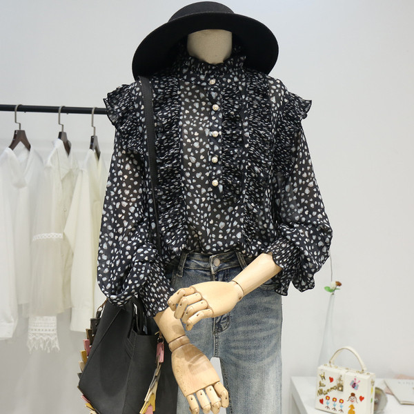 Modern női sifon ing alacsony gallérral és hosszú ujjal