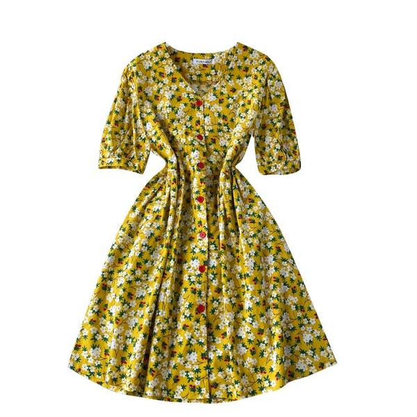 Värviliste nööpide ja lillemustriga vabaaja naiste kleit