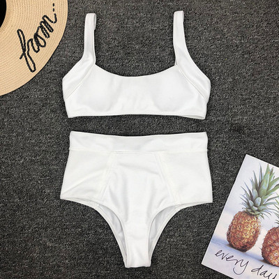 Costum de baie de damă în două părți - bustieră și pantaloni cu talie înaltă