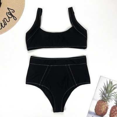 Costum de baie de damă în două părți - bustieră și pantaloni cu talie înaltă