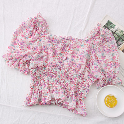 Bluza scurta de dama model nou cu decolteu patrat si model floral