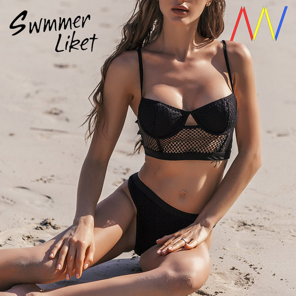 Kaheosaline musta ja võrkkangast ujumistrikoo