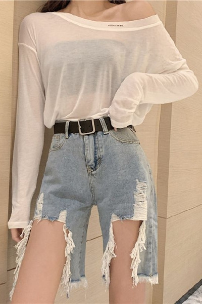 Naiste lühikeste teksapükste uus mudel rebenenud parema ja kõrge vöökohaga - asümmeetriline mudel