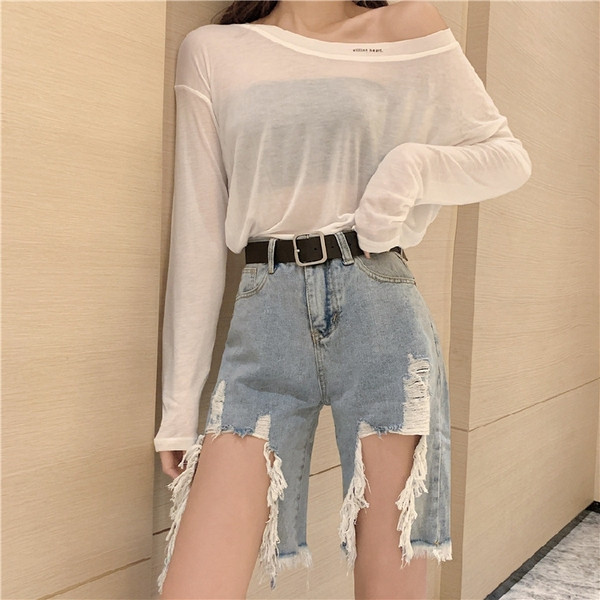 Naiste lühikeste teksapükste uus mudel rebenenud parema ja kõrge vöökohaga - asümmeetriline mudel