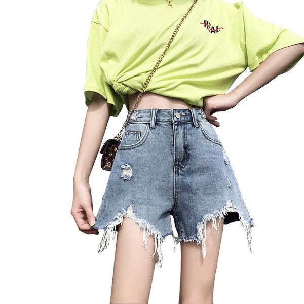 Vabaaja naiste lühikesed teksad kõrge vöökohaga ja paremalt rebenenud