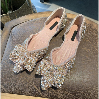 Елегантни дамски мокасини с лъскав ефект и панделка 