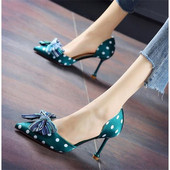 Pantofi eleganti de dama cu toc inalt cu panglica si puncte