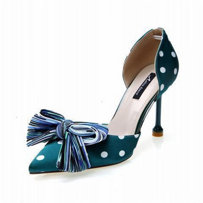 Pantofi eleganti de dama cu toc inalt cu panglica si puncte