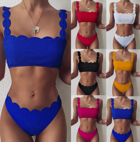 Ühevärviline kaheosaline ujumistrikoo, mille ülaosas on rihmad